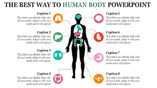Slide featuring a human body outline with eight sections highlighted by color coded icons and captions.