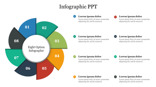 Infographic PowerPoint template with eight colorful sections, featuring numbered steps and space for text descriptions.