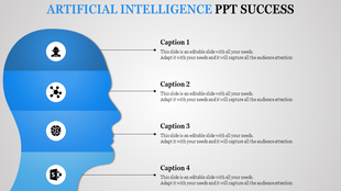 Infographic style AI PPT slide with a blue profile silhouette and icons related to AI, including robots and neural networks.