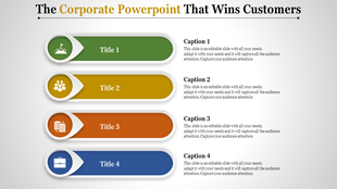 Corporate PowerPoint template with four colorful arrows representing different business titles with captions.