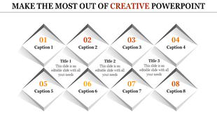 Creative PowerPoint template with diamond shaped sections and titles with placeholder text.