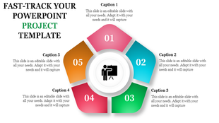 Pentagonal infographic with five colorful segments in pink, teal, green, red, and orange surrounding a central circular icon.