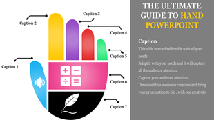 Illustrated hand with multicolored sections for caption labels, and descriptive text on a gray panel to the right.