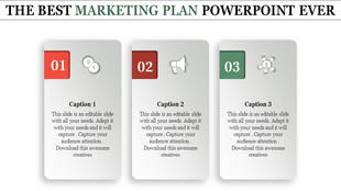 Marketing plan PPT slide with numbered steps and icons such as a funnel, speaker, and network with captions.