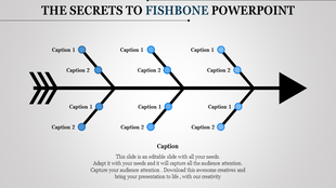 Fishbone diagram PowerPoint template with arrow structure and labeled branches for problem solving analysis with captions.