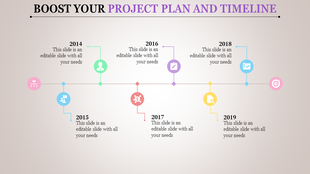 A colorful project timeline with icons for each year, from 2014 to 2019, including a flowchart, people, pencil, and target.