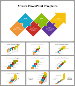 Slide deck with colorful arrow shapes forming flowcharts, representing directional movement and progress.