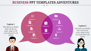 Infographic with two overlapping speech bubbles in pink and purple, each paired with business professionals.