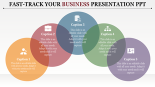 Business PPT template with five colorful circles representing different concepts, each with a caption and icon.