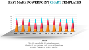 3D cone chart with orange, pink, and blue segments, placed on a gray platform with a white background.