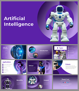 A pack of slides about artificial intelligence with various sections, including an introduction, applications, and benefits.