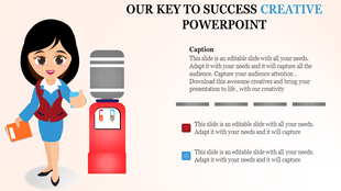 A creative PPT slide featuring a businesswoman giving a thumbs up next to a water cooler, with space for captions and text.