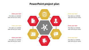 PowerPoint slide displaying a project plan with colorful hexagonal icons with placeholder text.
