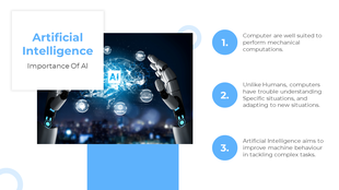 Artificial Intelligence presentation slide with a robotic arm and AI graphics highlighting its importance.