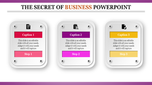 A business PowerPoint template featuring three steps, each with an icon and a caption area.