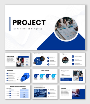 Project plan slides, blue-white theme, team chart image, circle shapes, icons, and clean structured text boxes layout.