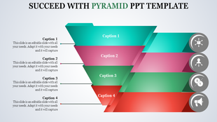 Pyramid slide with four stacked layers in teal, pink, green, and red, each labeled with captions and icons on the right.