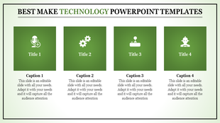 Slide layout with four green squares featuring technology icons, titles, and captions on a white background.