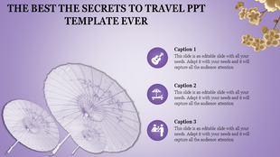 Purple themed travel PowerPoint template featuring traditional Asian umbrellas and golden floral accents.