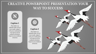 Creative PowerPoint slide with two caption boxes and an illustration of flying cranes on a gray background.