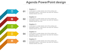 Agenda slide with five colorful horizontal arrows in blue, red, green, yellow, and orange with numbered sections.