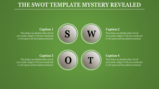 SWOT analysis PPT slide with circular icons representing strengths, weaknesses, opportunities, and threats on a green theme.