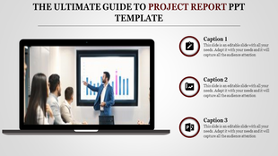 Project report PowerPoint template showing a presentation with a speaker pointing to a graph on a large screen with captions.