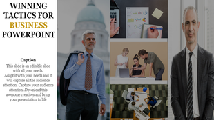 Business themed slide with photos of professionals, charts, meetings, and a caption on the left side of the layout.