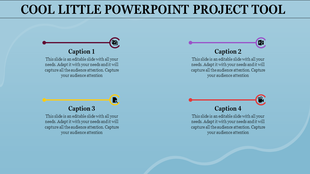 PowerPoint project template featuring a blue background with four captions linked to colorful icons.