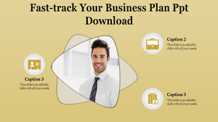 Business plan PowerPoint slide with a smiling person and three icons on a yellow backdrop.