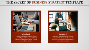 A business strategy template showing professionals collaborating and analyzing company growth data on laptops with captions.