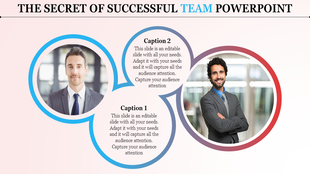 Team PowerPoint slide with two circular photo frames and captions highlighting professional individuals.