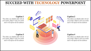 Technology PPT slide with an illustration of a smartphone surrounded by cloud icons and people interacting digitally.