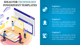 Slide with an isometric illustration of people and devices on the left, with three captions and icons on a blue background.