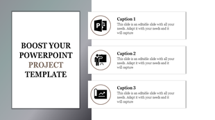 Slide featuring a centered title and three vertically stacked icons and descriptions on a gray background.