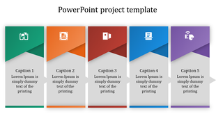 Five vertical sections with colorful triangular headers in green, orange, red, blue, and purple, with icons and captions.