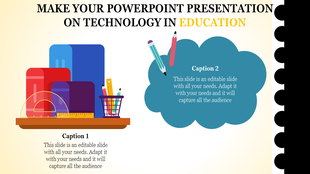 Educational-themed slide with colorful book and pencil graphics and two caption areas placed in a cream background.