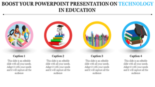 Technology in education slide featuring colorful graphics of students, a graduation cap, crayons, and books in circles.
