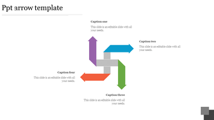 Arrow PPT template with interlinked colored arrows in purple, blue, green, and orange, accompanied by captions.