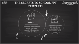 School-themed slide with two labeled circles featuring book icons on a chalkboard background.