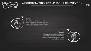 Slide with a blackboard theme, speech bubble captions, and hand drawn educational icons on a black theme.
