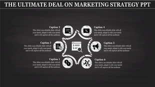 Marketing strategy PPT slide with interconnected icons representing key marketing elements in a star layout with captions.