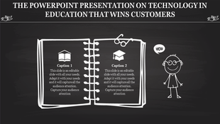 Chalkboard style slide with an open notebook graphic showing icons and two captions for education topics.