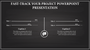 Dark themed project presentation slide with progress bars and percentage values for four titles, split into two sections.