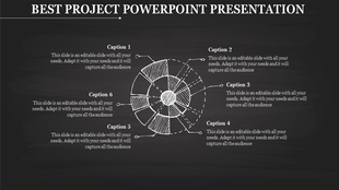 Chalkboard themed project PowerPoint template with a circular chart and six labeled captions for detailed insights.