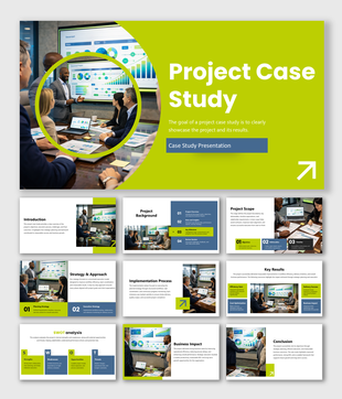 Modern project case study presentation template with strategy, results, SWOT analysis, business impact, and conclusion.