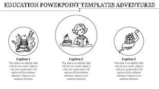 Educational slide showcasing three circular icons art supplies, a child reading, and a bundle of pencils wrapped in a ribbon.