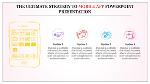 Yellow sketch of a smartphone on the left, with four circular icons in purple, red, blue, and pink with captions.