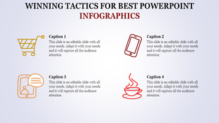 Best infographic PPT slide featuring icons for shopping carts, mobile phones, conversations, and steaming cups of coffee.