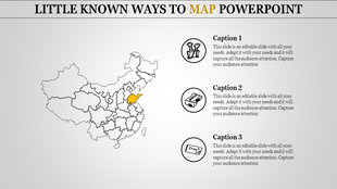 Slide design showcasing a map with a marked yellow area and three circular icons with captions on the right.